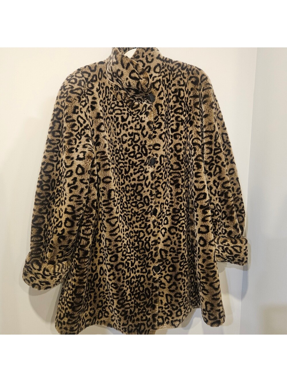 Vintage M.E. Internationale Leopard Faux Fur Swing Coat Animal Print Women's Lge
